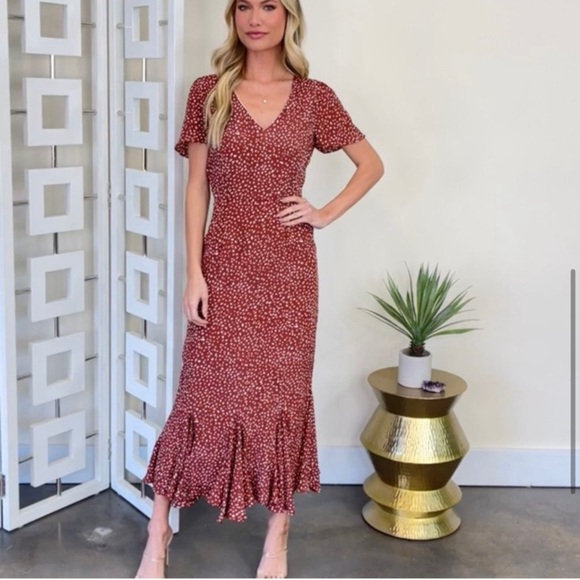 LAROQUE BAREETT DRESS IN BROWN SEA PEBBLE FEMININE FLOWY SILK/VISCOSE BLEND SZ M - Picture 9 of 16